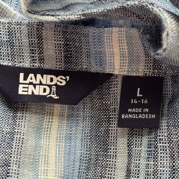Lands' End Women Linen Sweetheart Button Front Midi Dress Blue Stripe Large G273 - Picture 9 of 11